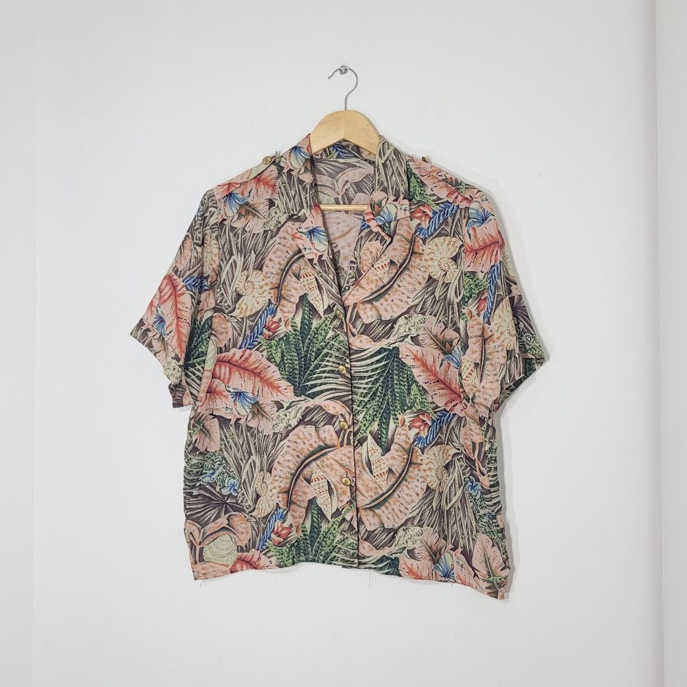 Tropical Hawaiian Vintage Button Front Blouse Shirt Multicolored Short Sleeve